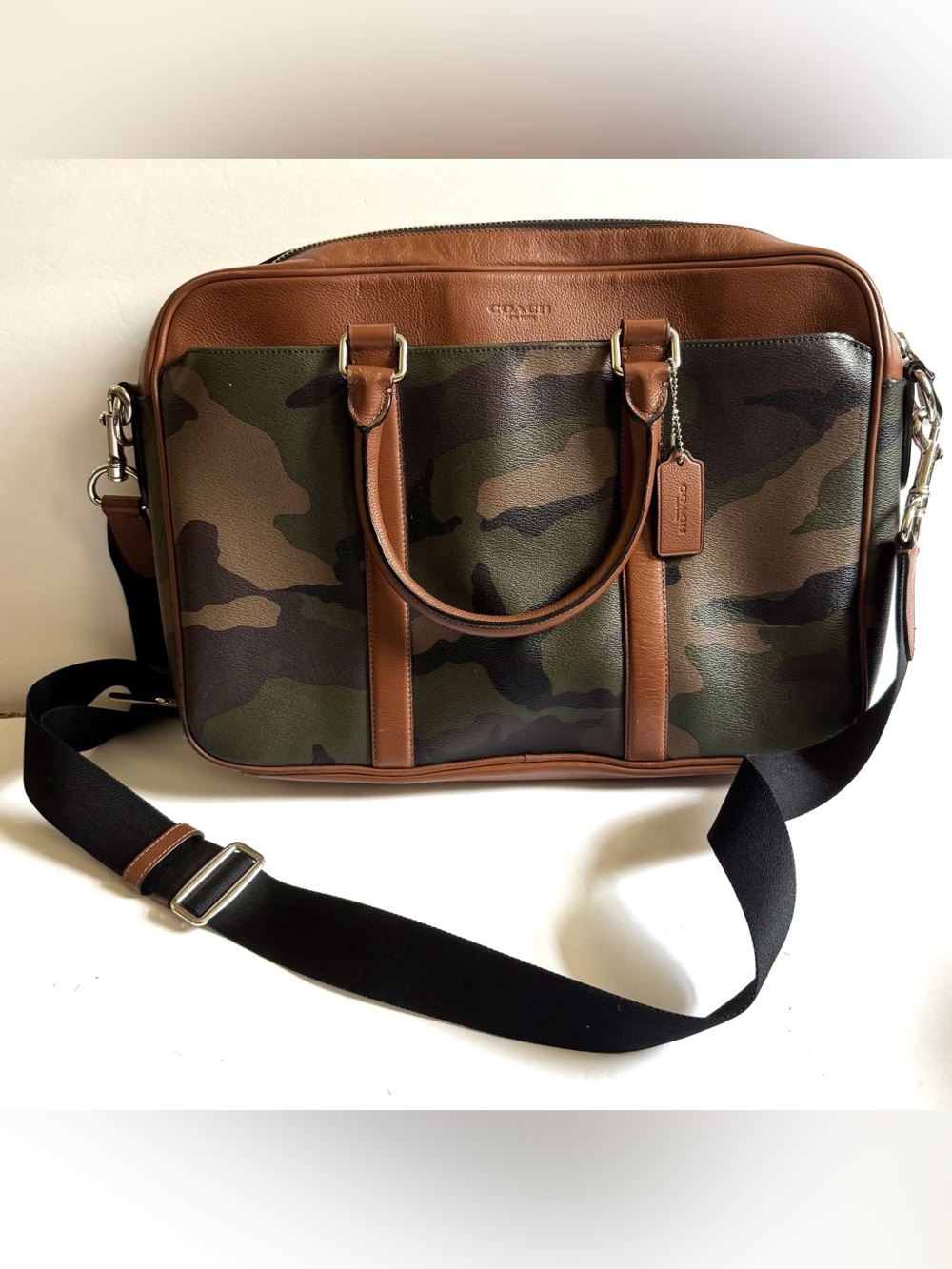 Coach Perry Slim Briefcase Camo Leather Messenger Laptop Shoulder Bag Green Tan
